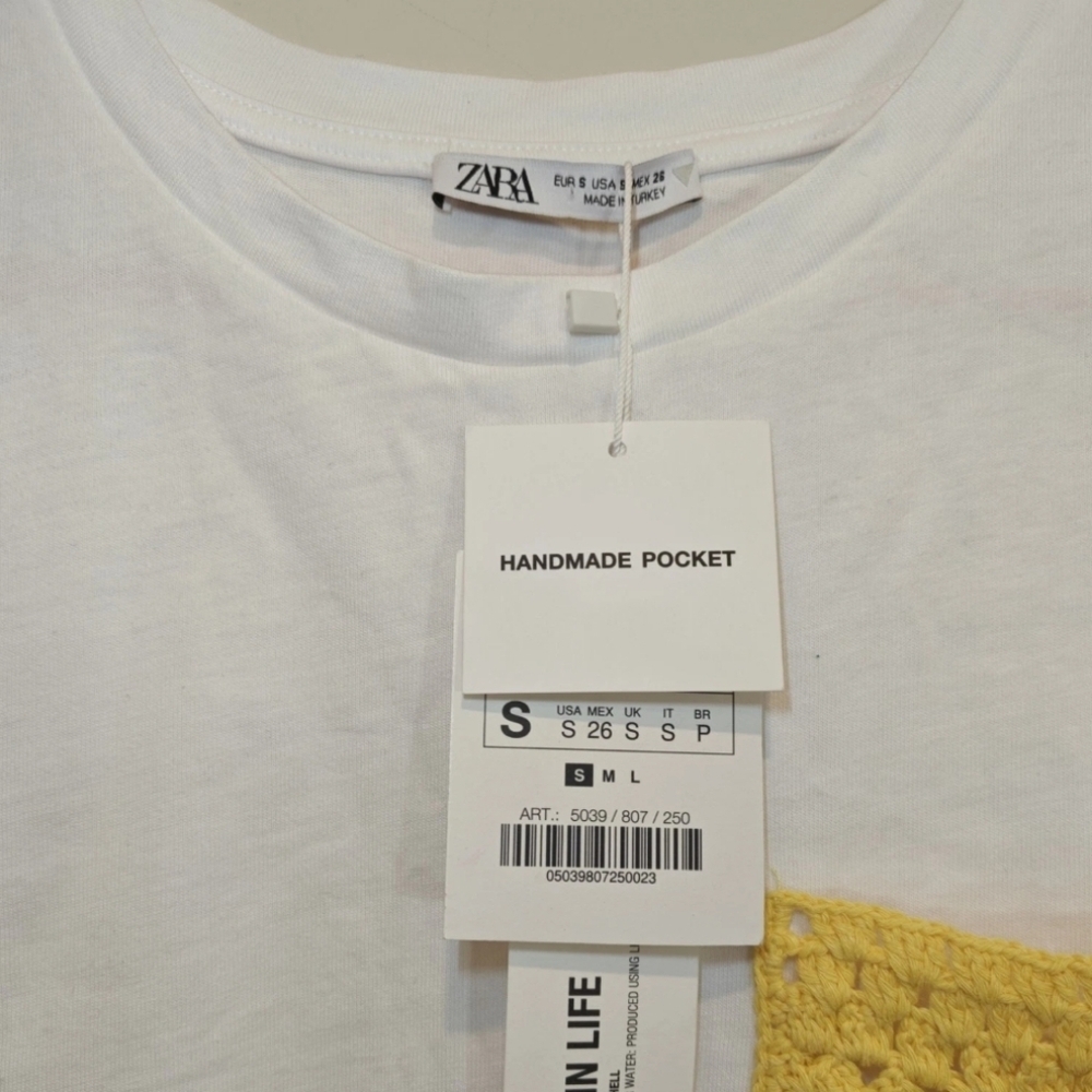 Zara Sz‎ Small Crochet Handmade Pocket Short Sleeve Women's White T-Shirt Top - Picture 4 of 8